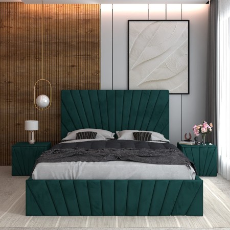 Pat Tapitat Astra Verde Catifea Premium Cu Noptiere Tapitate