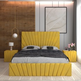 Pat Tapitat Astra Galben Catifea Premium Cu Noptiere Tapitate