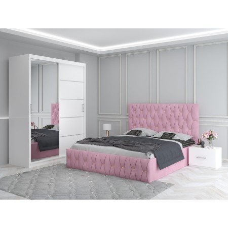 Dormitor Ana Roz cu Pat Tapitat , Dresing 150 si Noptiere