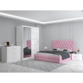 Dormitor Ana Roz cu Pat Tapitat , Dresing 150, Comoda si Noptiere