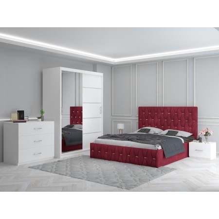 Dormitor Ana Rosu cu Pat Tapitat , Dresing 150, Comoda si Noptiere