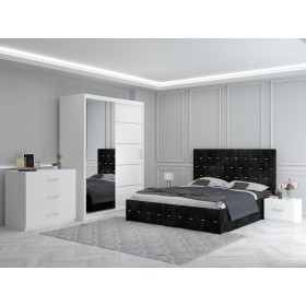 Dormitor Ana Negru cu Pat Tapitat , Dresing 150, Comoda si Noptiere