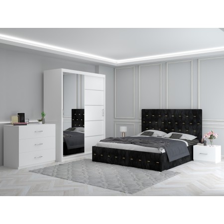 Dormitor Ana Negru cu Pat Tapitat , Dresing 150, Comoda si Noptiere