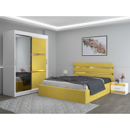 Dormitor ATENA Galben Dressing Tapitat 150 Si Pat Cu 2 Noptiere