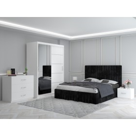 Dormitor MELANIA Negru Cu Pat Tapitat , Dressing 150 , Comoda Si 2 Noptiere