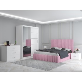Dormitor MELANIA Roz Cu Pat Tapitat , Dressing 150, Comoda si 2 Noptiere