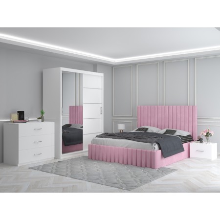 Dormitor MELANIA Roz Cu Pat Tapitat , Dressing 150, Comoda si 2 Noptiere