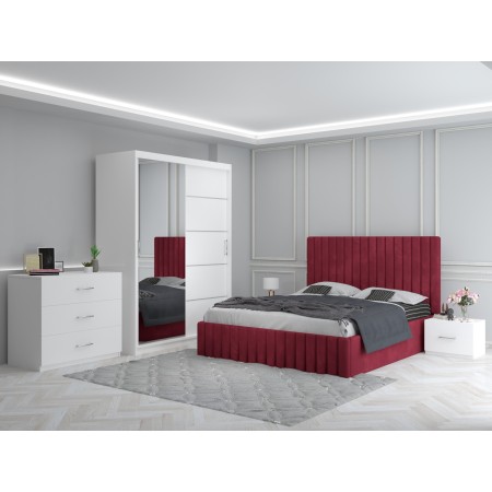 Dormitor MELANIA Visiniu Cu Pat Tapitat, Dressing 150 , Comoda si 2 Noptiere