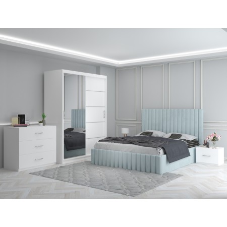 Dormitor MELANIA Lemon Cu Pat Tapitat, Dressing 150, Comoda Si 2 Noptiere