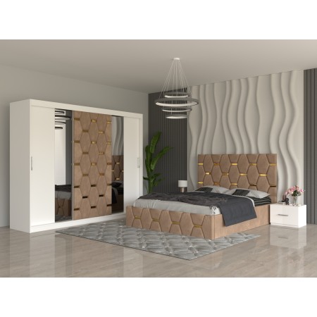 Dormitor SOFIA Crem Pat Tapitat cu 2 Noptiere si Dressing Tapitat 250