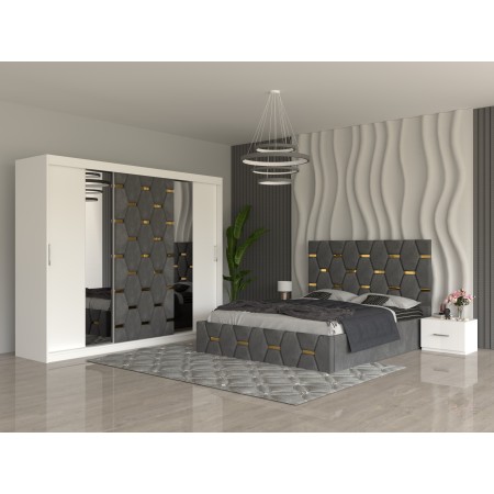 Dormitor SOFIA Gri Pat Tapitat cu 2 Noptiere Si Dressing Tapitat 250