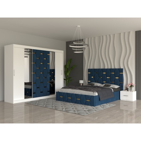 Dormitor SOFIA Albastru Pat Tapitat Cu 2 Noptiere Si Dressing Tapitat 250