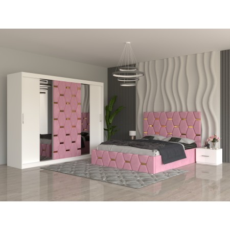 Dormitor SOFIA Roz Pat Tapitat Cu 2 Noptiere Si Dressing Tapitat 250