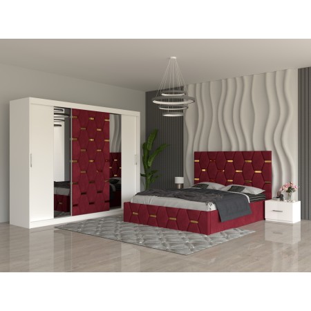 Dormitor SOFIA Rosu Pat Tapitat Cu 2 Noptiere Si Dressing Tapitat 250