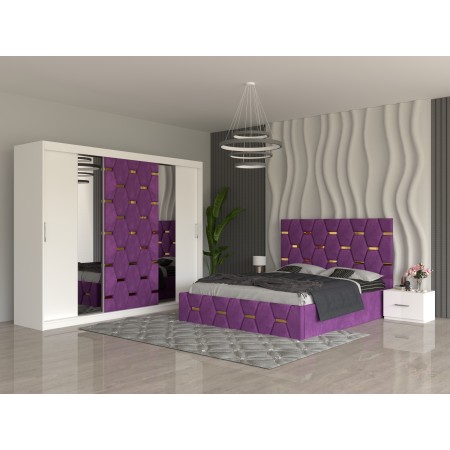 Dormitor SOFIA Mov Pat Tapitat Cu 2 Noptiere Si Dressing Tapitat 250