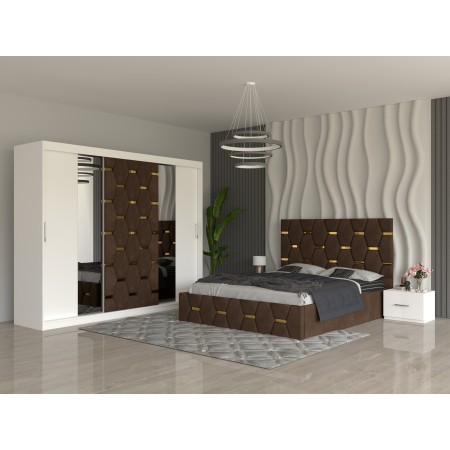 Dormitor SOFIA Maro Pat Tapitat cu 2 Noptiere Si Dressing Tapitat 250