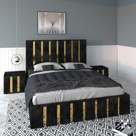 Pat Tapitat ROYAL Negru Cu 2 Noptiere Tapitate