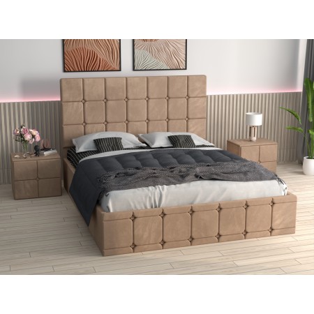 Pat Tapitat Regal Crem Catifea Premium cu Noptiere Tapitate