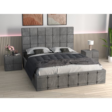 Pat Tapitat Regal Gri Catifea Premium cu Noptiere Tapitate