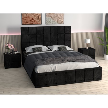 Pat Tapitat Regal Negru Catifea Premium cu Noptiere Tapitate