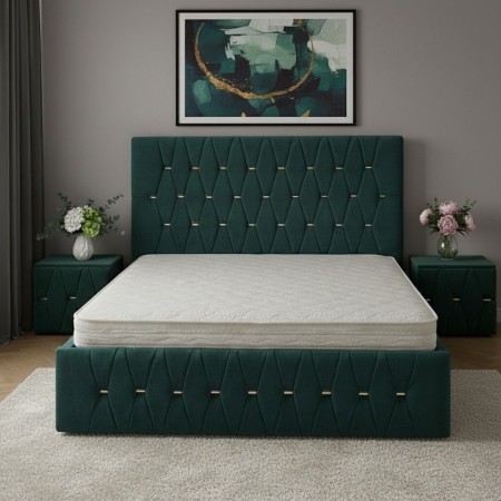 Pat Tapitat ANA Verde Catifea Premium cu Noptiere Tapitate