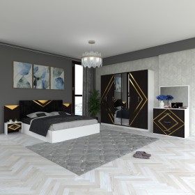 Dormitor ONIX WENGE 5 Piese Pat Tapitat , 2 Noptiere , Dulap 6 Usi Si Comoda Cu Oglinda