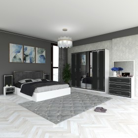 Dormitor MILANO GRI 5 Piese Pat Tapitat , 2 Noptiere , Dulap 6 Usi Si Comoda Cu Oglinda