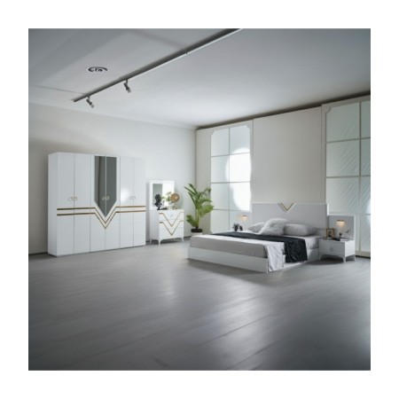 Dormitor Cod122, 6 Piese, Pat 180 X 200, Comoda Cu Oglinda, 2Noptiere, Dulap 6u