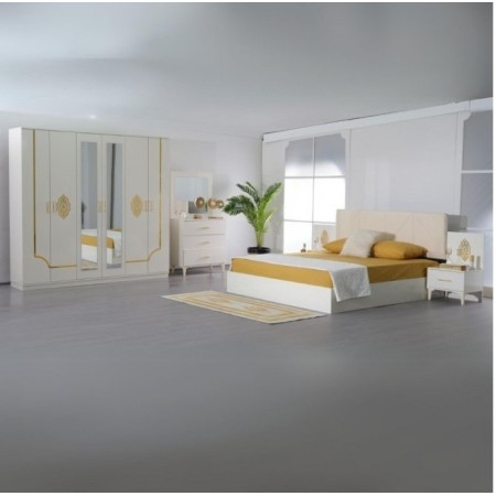 Dormitor Cod105, 6 Piese, Pat 180 x 200, Comoda Cu Oglinda, 2Noptiere, Dulap 6u, Culoare Alb/Auriu