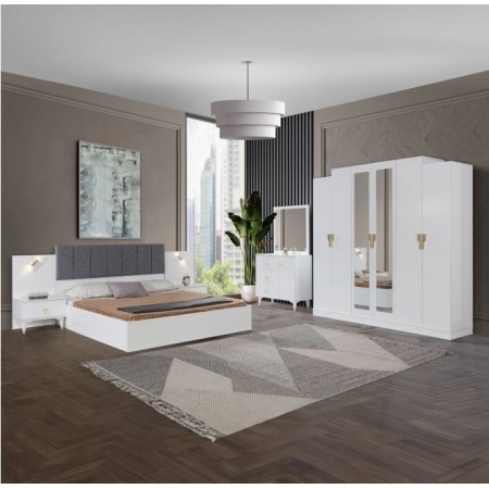 Dormitor Cod200, 6 Piese, Pat 160 x 200, Comoda Cu Oglinda, 2Noptiere, Dulap 6u, Culoare Alb