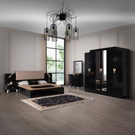 Set Dormitor COD300, 6 Piese, Pat 160 x 200, Comoda Cu Oglinda, 2Noptiere, Dulap 6u, Culoare Negru