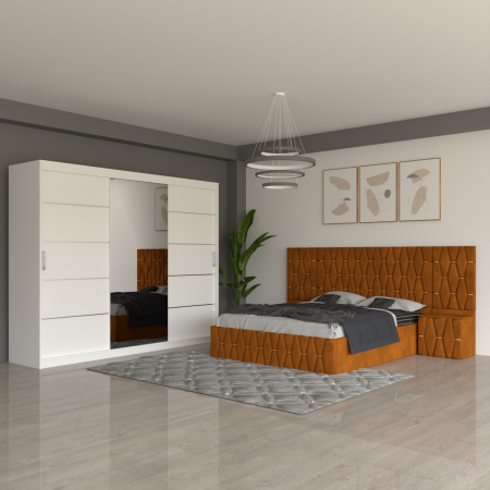Dormitor Ana Caramaziu cu Noptiere Tapitate , Extensii si Dressing 250 x 200 x 600