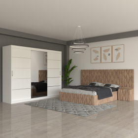 Dormitor Ana Crem cu Noptiere Tapitate , Extensii si Dressing 250 x 200 x 600