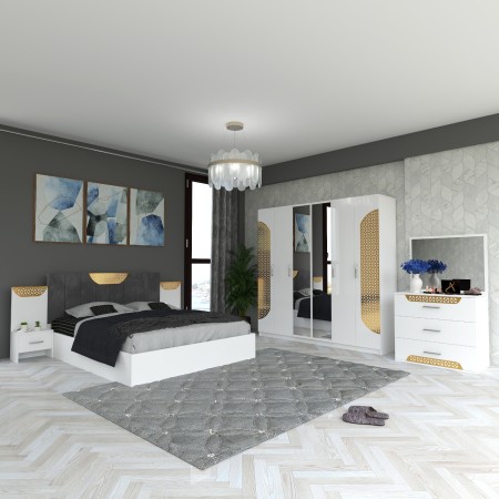 Dormitor DUBAI ALB 5 Piese Pat Tapitat , 2 Noptiere , Dulap 6 Usi Si Comoda Cu Oglinda