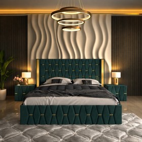 Pat Tapitat ANA Plus Verde Cu 2 Noptiere Tapitate