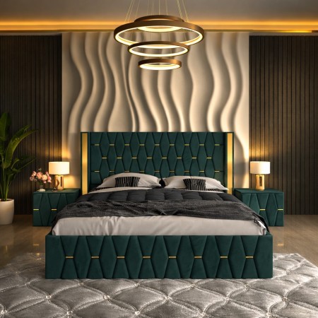 Pat Tapitat ANA Plus Verde Cu 2 Noptiere Tapitate