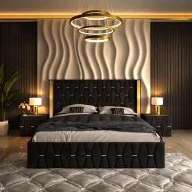 Pat Tapitat ANA Plus Negru cu 2 Noptiere Tapitate