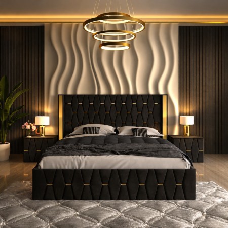 Pat Tapitat ANA Plus Negru cu 2 Noptiere Tapitate