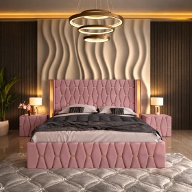 Pat Tapitat ANA Plus Roz cu 2 Noptiere Tapitate