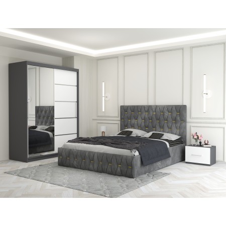 Dormitor Ana cu Pat Tapitat , Dresing 150 si Noptiere Gri