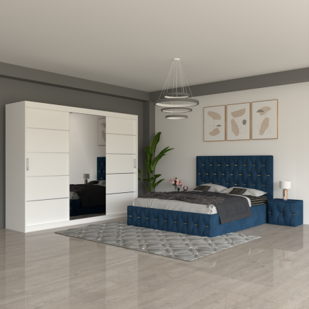 Dormitor ANA Albastru Cu Dressing 250 Si 2 Noptiere Tapitate
