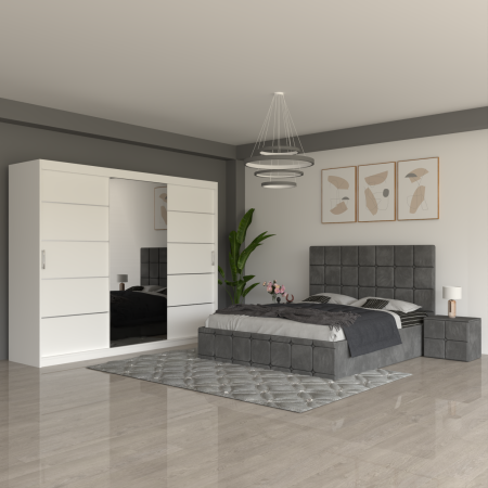 Dormitor REGAL Gri Cu Dressing 250 Si 2 Noptiere Tapitate