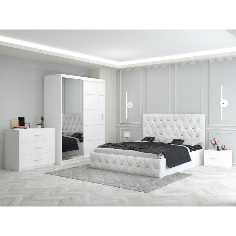 Dormitor Ana Alb cu Pat Tapitat , Dresing 150, Comoda si Noptiere