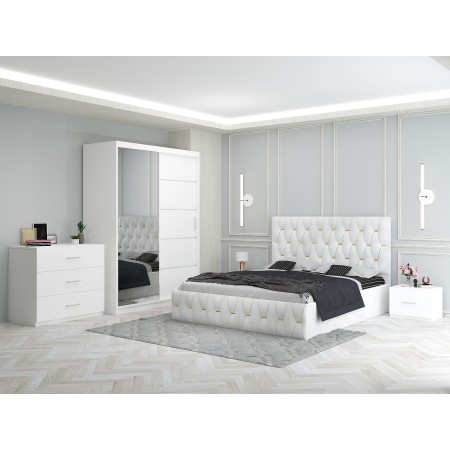 Dormitor Ana Alb cu Pat Tapitat , Dresing 150, Comoda si Noptiere