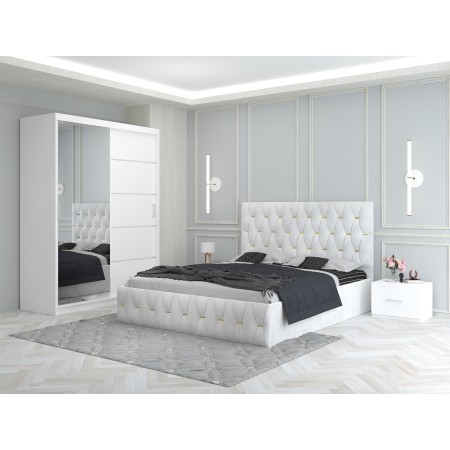 Dormitor Ana Alb cu Pat Tapitat , Dresing 150 si Noptiere