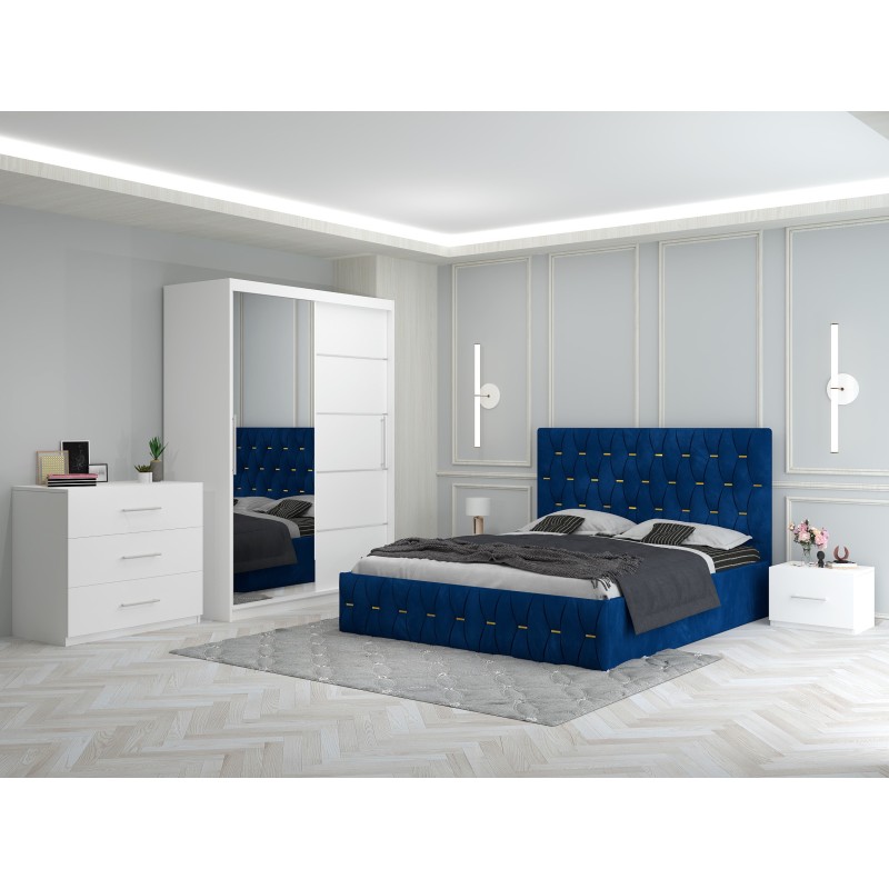 Dormitor Ana Albastru cu Pat Tapitat , Dresing 150, Comoda si Noptiere