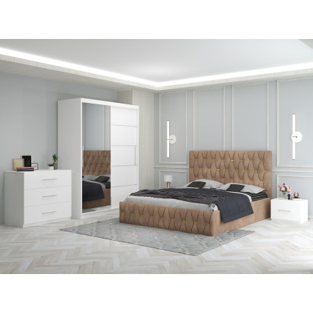 Dormitor Ana crem cu Pat Tapitat , Dresing 150, Comoda si Noptiere