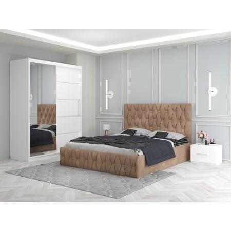 Dormitor Ana Crem cu Pat Tapitat , Dresing 150 si Noptiere