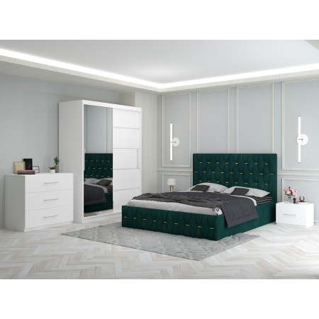 Dormitor Ana Verde cu Pat Tapitat , Dresing 150, Comoda si Noptiere