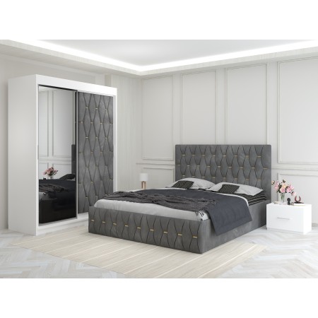 Dormitor Ana Gri cu Dressing Tapitat si 2 Noptiere